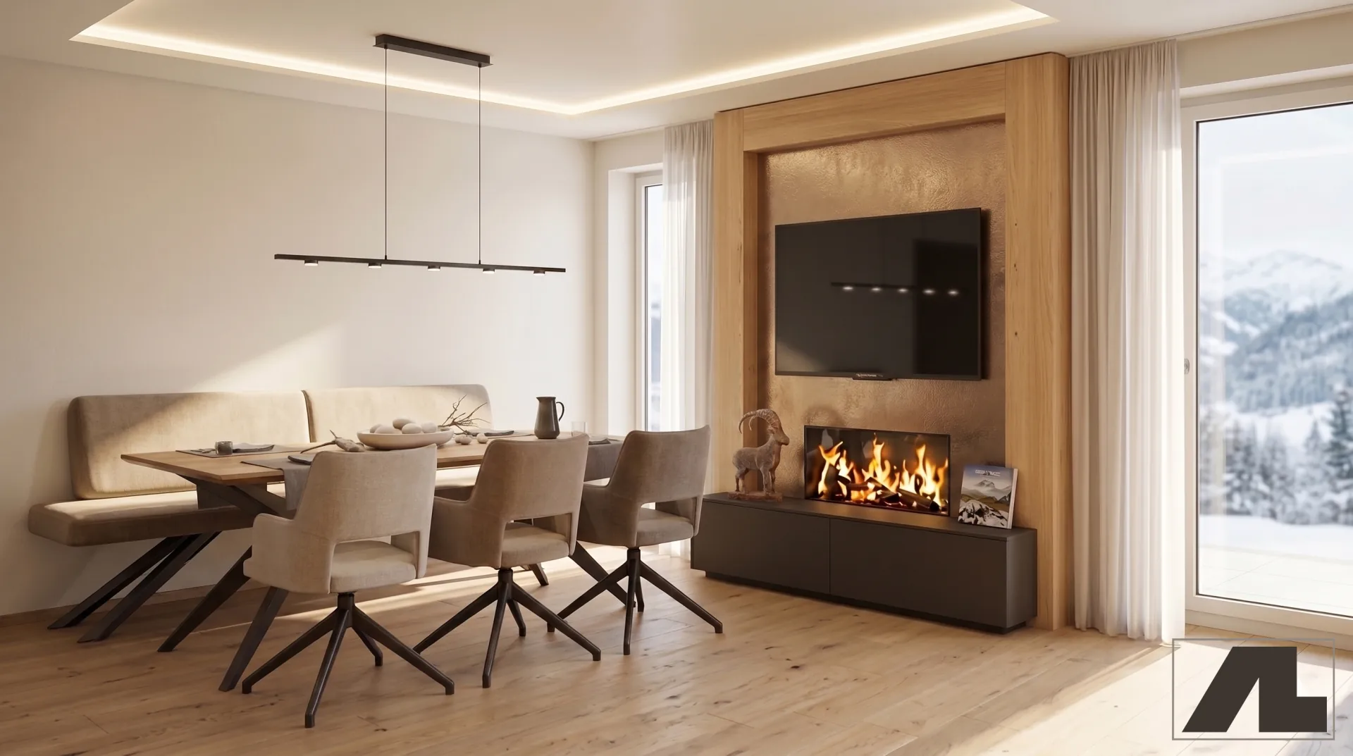 Visualisierung Essbereich mit Effektkamin und Bergblick, Angelika Apartments Ischgl